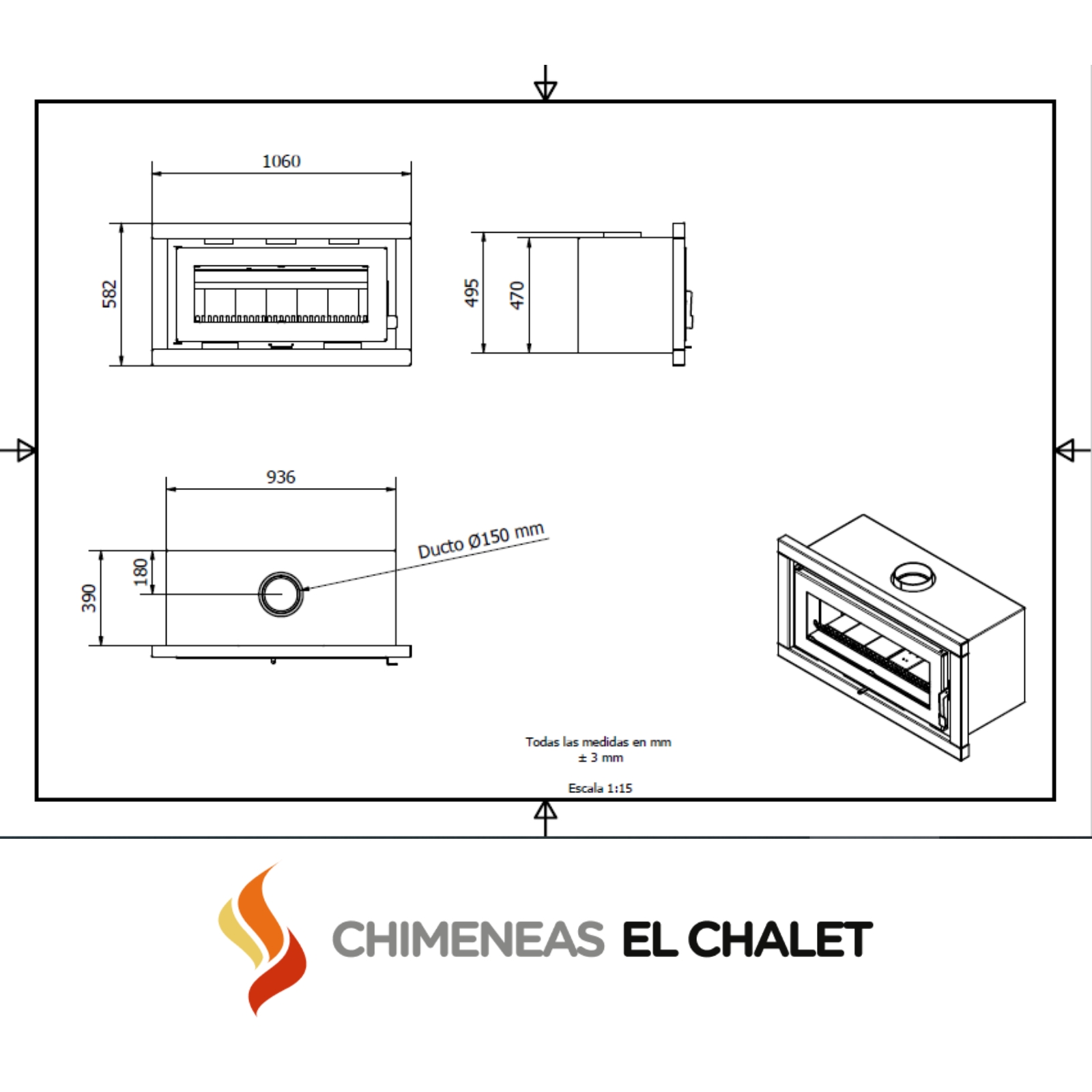 Diagrama técnico de chimenea insertable, vistas y medidas.